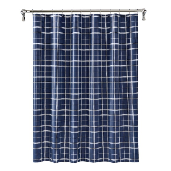 Mainstays Printed PEVA Nautical Navy Plaid Shower Curtain Set, 12 Metal Hooks 70"x72"