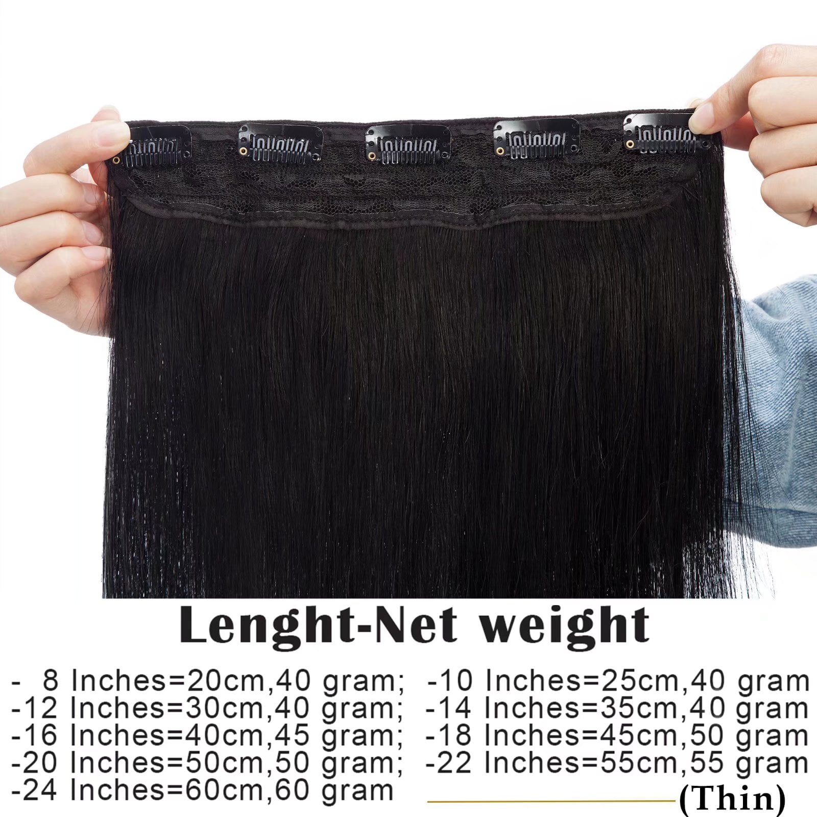 MY-LADY 10''-24'' 5 Clips in Human Hair Extensions Thick Real Natural Hair Pieces 100% Full Head Remy Hair 20inch #1B Natural Black（Thin）
