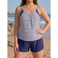 thumbnail image 3 of Plus Size Striped Tankini Swimsuit, Ruched Double Spaghetti Strap Top with Pocketed Boyshort Bottom, 2 Piece Tummy Control Bathing Suit for Curvy Women, Summer Family Beach Vacation Swimwear, 3 of 9