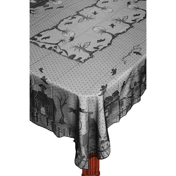Elegant Black Lace Tablecloth 60"x84" Haunted House Skulls Spider 