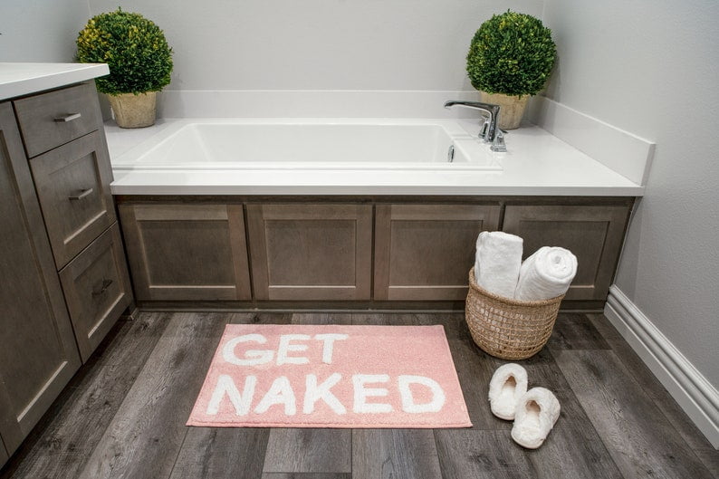 Get Naked Bath Mat - Pink Get Naked Rug - Shower Curtain Set - Funny Bathroom Decor Signs - Peach Bathroom Rugs - Cute Fun Bath Mat - Cool Bathroom Stuff - Blush Pink Bathroom Accessories - Washable