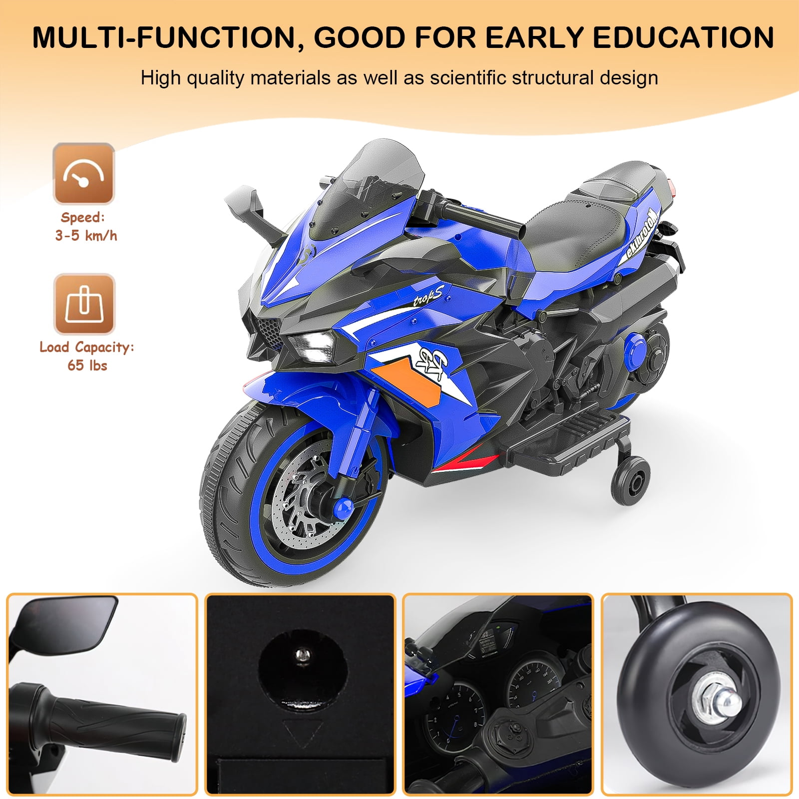 Clearance 12V Kids Ride On Motorcycle with Bluetooth, Light, MP3, Battery Powered Motorcycle for 3-6 Years Boys Girls