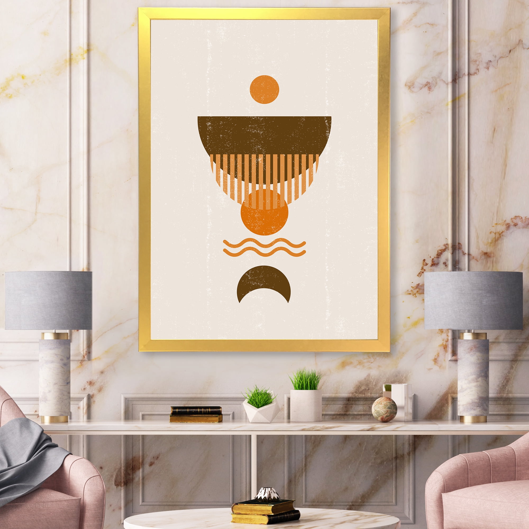 Designart 'Abstract Minimal Brown Moon and Orange Sun' Modern Framed Art Print