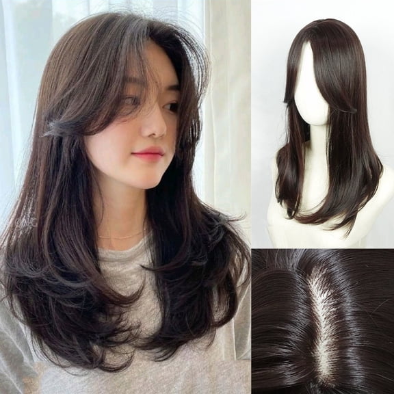 Nvzi 20 inch black wig with bangs, heat-resistant synthetic wig, pre made natural appearance lightweight wig, suitable for parties and daily use, 1 piece