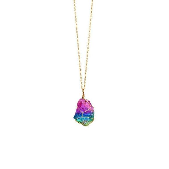 Riforla Rainbow Stone Natural Rock Necklace Gold Plated Quartz Pendant Womens Jewelry Blue