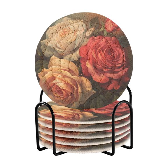 Red Pink Cream Rose Coasters with Holder for Coffee Table 6 Pcs Drink Coaster Sets Absorbent for Home Decor 4 inch