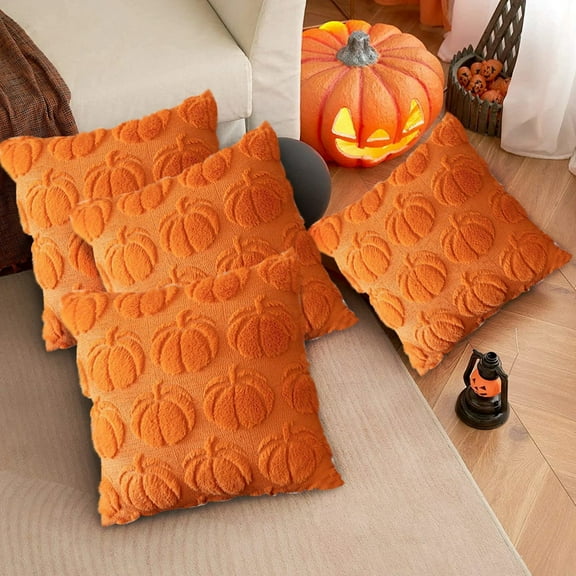 Muecwrye Halloween Pillows, Pumpkin Fall Decorative Throw Pillow Covers, Orange Soft Pillow Covers, Fluffy Plush Accent Pillow Cases for Farmhouse Couch Cushion Covers, 18 X 18 Inch