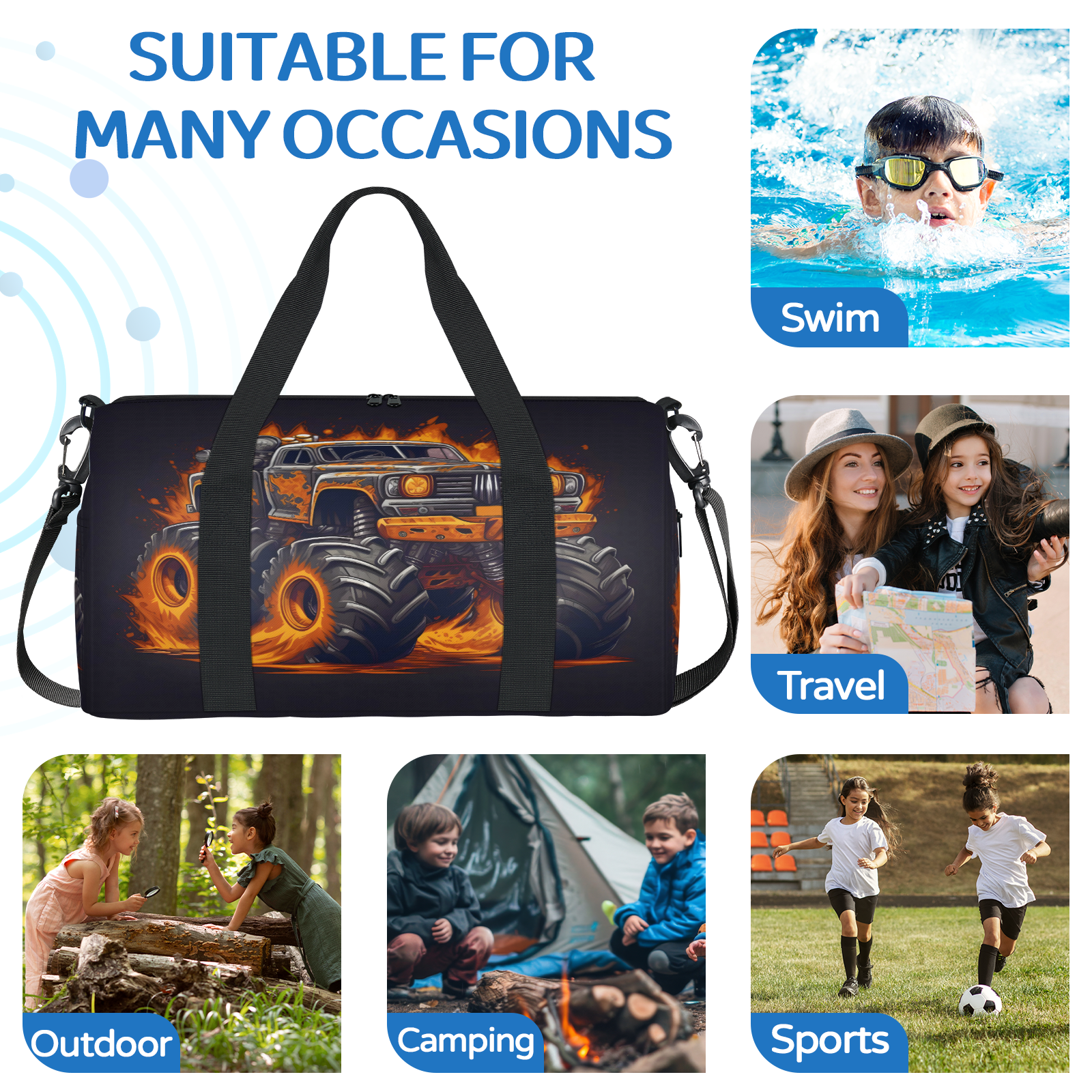 Herdesigns Fiery Monster Car Gym Bag for Women, Duffle Bag for Travel Sport, Lightweight Waterproof Carry on Weekender Overnight Dance Yoga Workout Bags