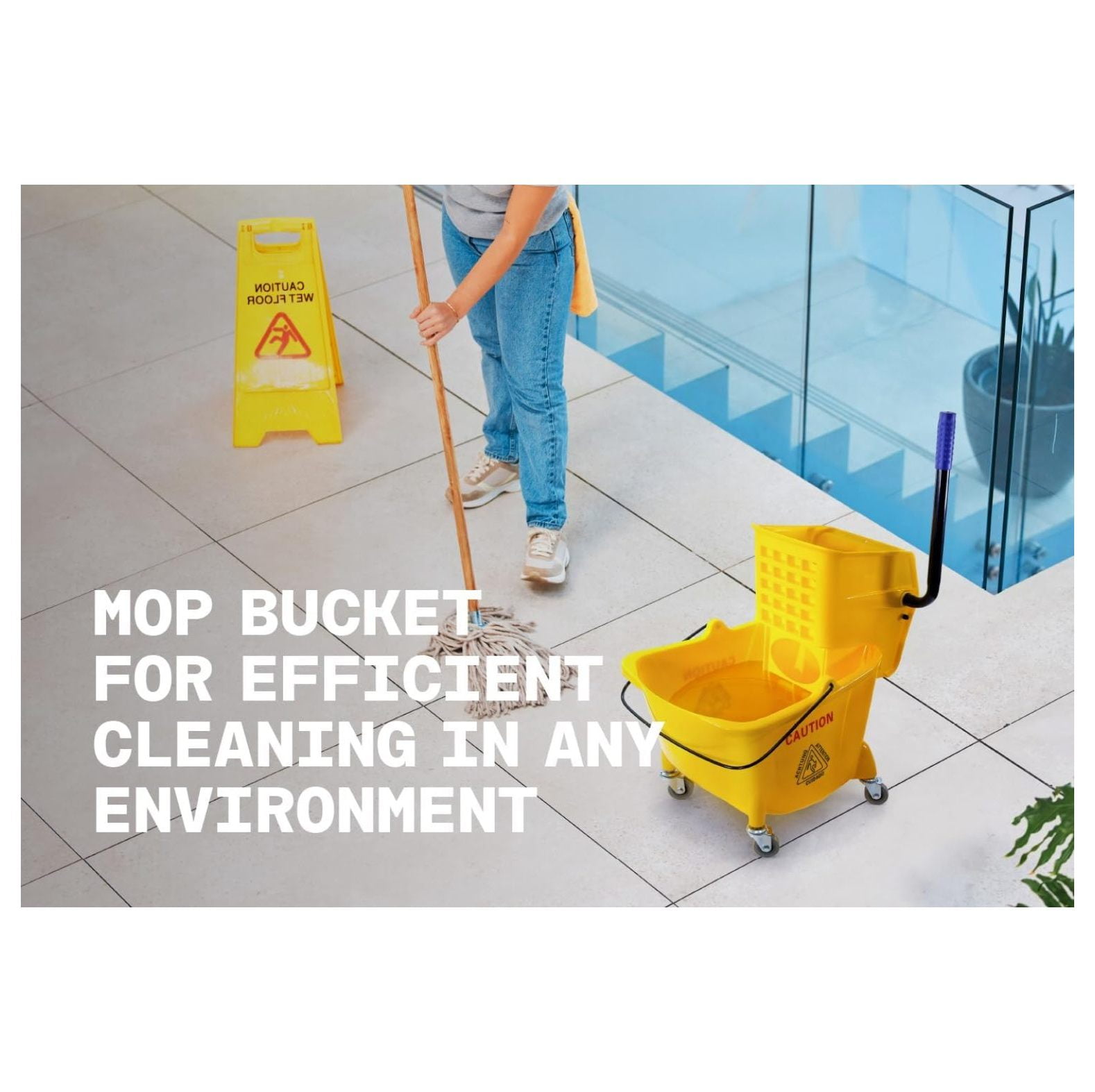 Mop Bucket 25 Quart | Side Press Wringer | 4 Wheels 2" | Yellow