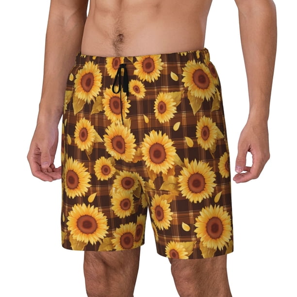 Fotbe Vintage Brown Plaid Sunflower Traje de Baño para Hombre – Shorts de Natación de Secado Rápido con Forro y Bolsillos-3X-Large