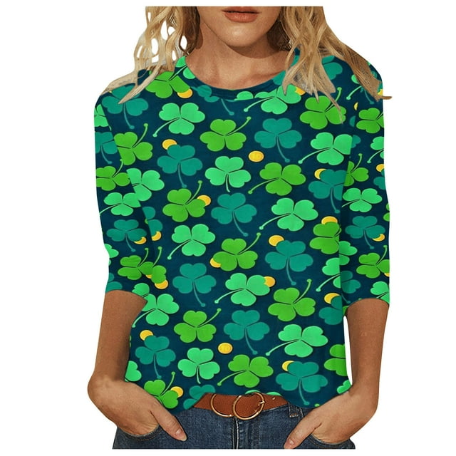 cfhntfmh Chemise de la Saint-Patrick pour Femmes Grande Taille Blouse Imprimée Manches 3/4 Col Rond Mode 2025