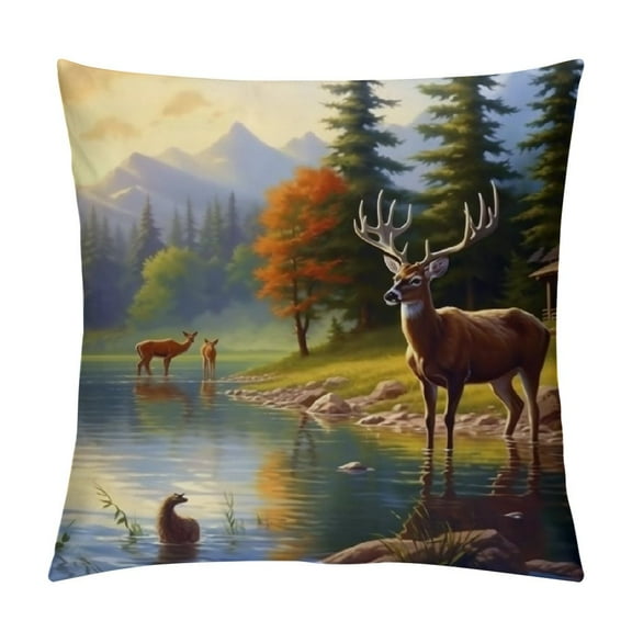Patifu Deer Animals Lake Graphic Decorative Throw Pillow Cover for Home Couch Living Room Bed Sofa - Short Plush Material 12x12in