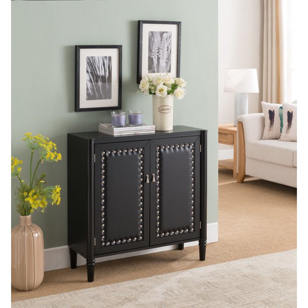 Connor 2 Door Accent Display Cabinet With Storage Shelf Black Faux Leather Silver Buttons Contemporary Walmart Com Walmart Com