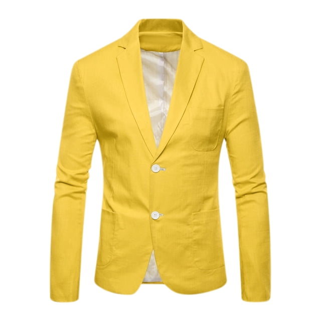 Chaqueta de lino para hombre Sólido Slim Fit Chaqueta deportiva ligera de un solo pecho Blazer Amarillo L Unique Bargains Blazer