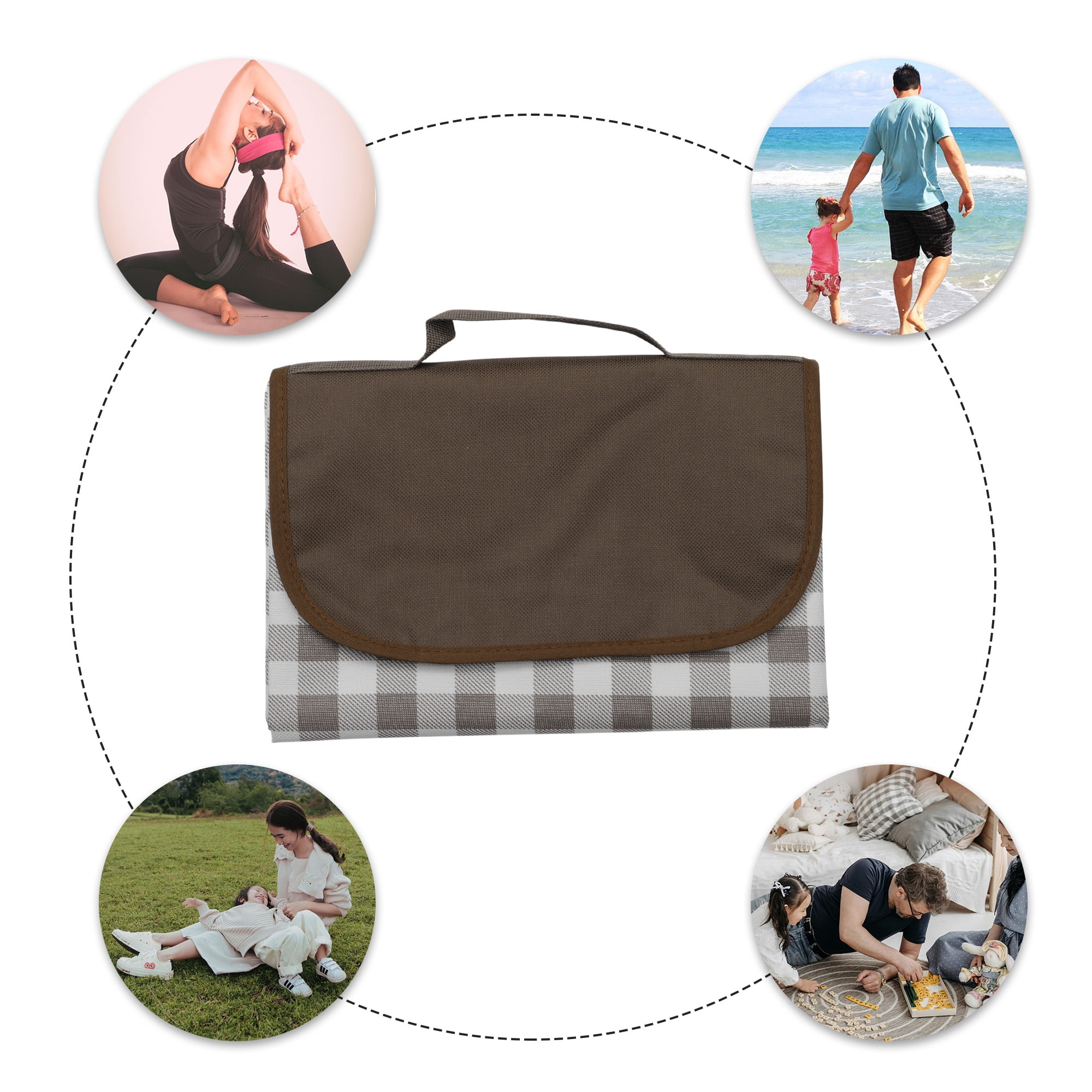 Unique Bargains Picnic Blanket Waterproof Beach Mat Lightweight with Handle Brown White
