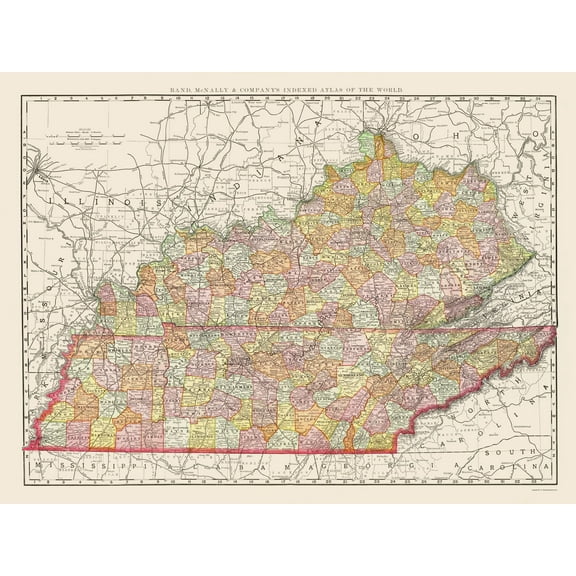 Historic State Map - Kentucky Tennessee Counties - Rand McNally 1897 - Vintage Wall Art