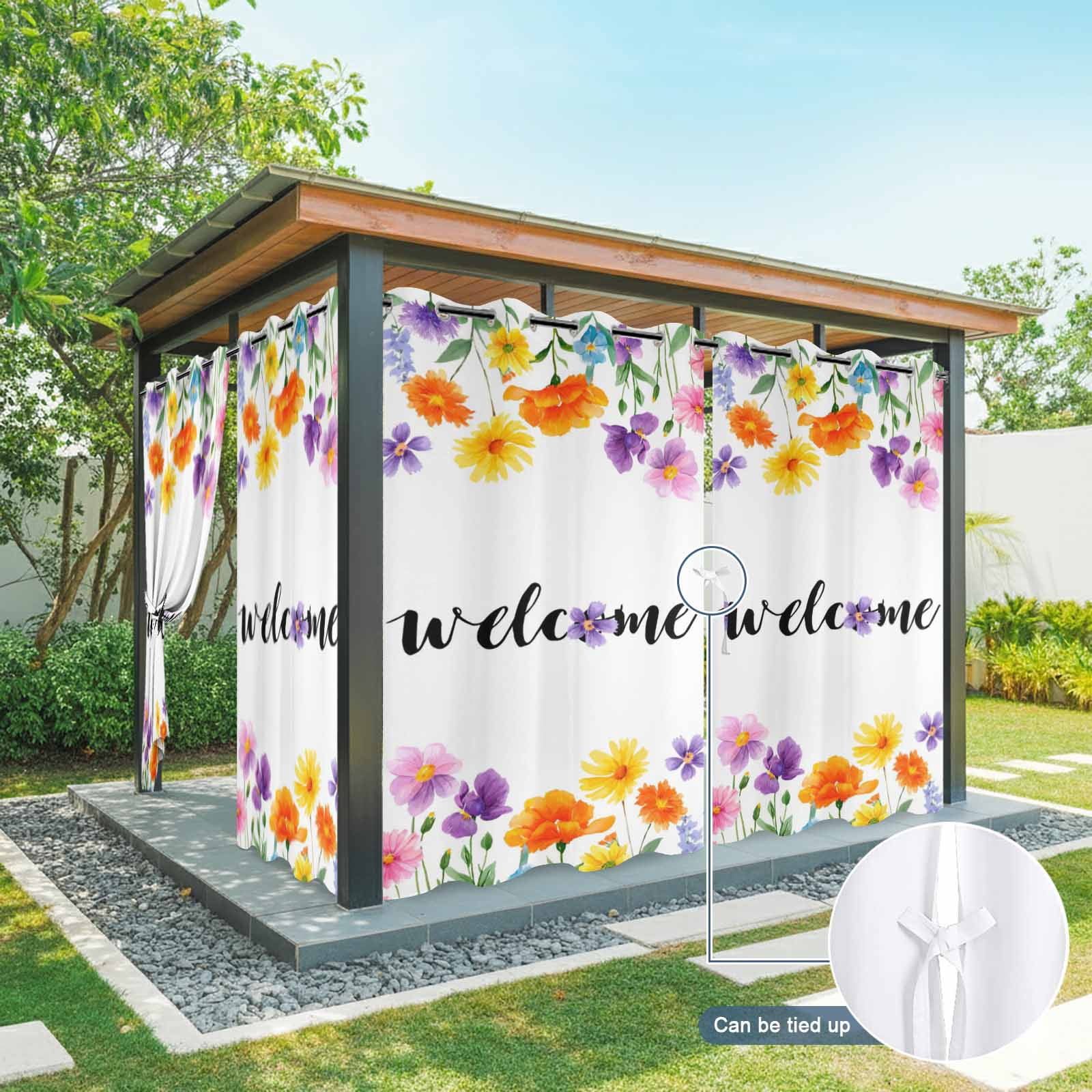 Farmhouse Outdoor Curtains for Patio, Welcome Yellow Purple Flower Wildflower Sunshade Privacy Drapes Grommet Waterproof Outside Curtains for Porch/Cabana/Balcony 54"x 108", 1 Panel