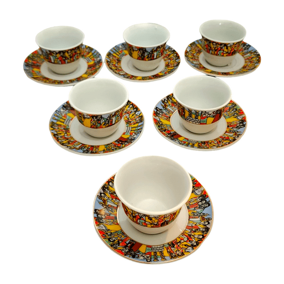Etege Ethiopia- 12 PCS Queen of Sheba Ethiopian & Eritrean Traditional Coffee Cups set of 6 cups 3oz and 6 saucers