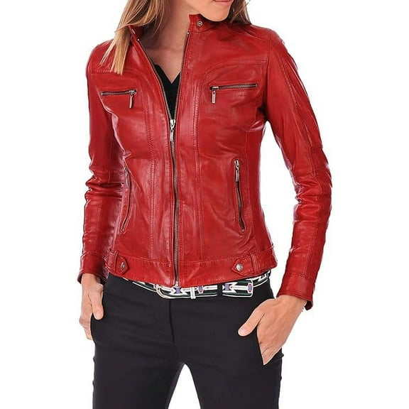 Celebrity Women's Lambskin Leather Jacket Motorcycle Slim Fit Biker W056