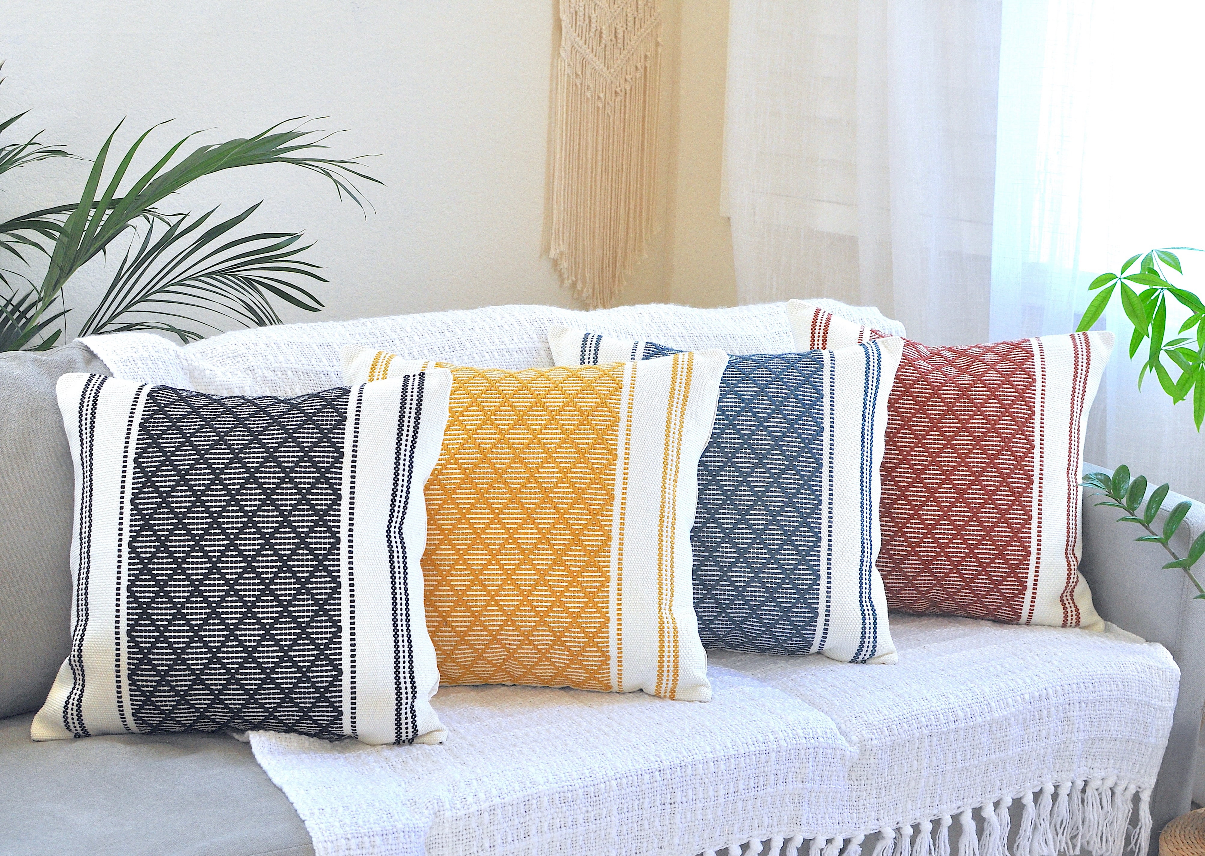 Cotton Woven Designer Throw Pillow Cover, Grey and Cream White, 16 x 16 inches | Square Gray Cushion Covers with Geometric Design Set of 2