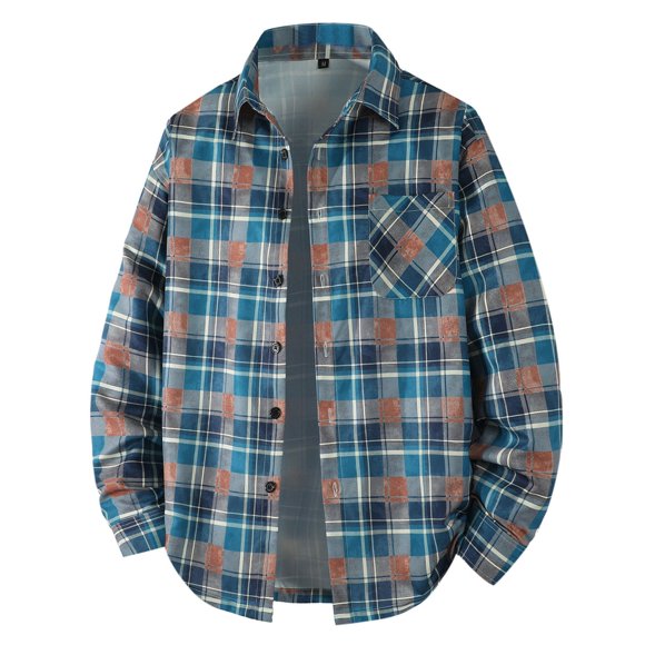 Checkered Shirt for Men, Long Sleeve Button Up with Lapel Collar, Polyester Business Casual Top, Blue Size L