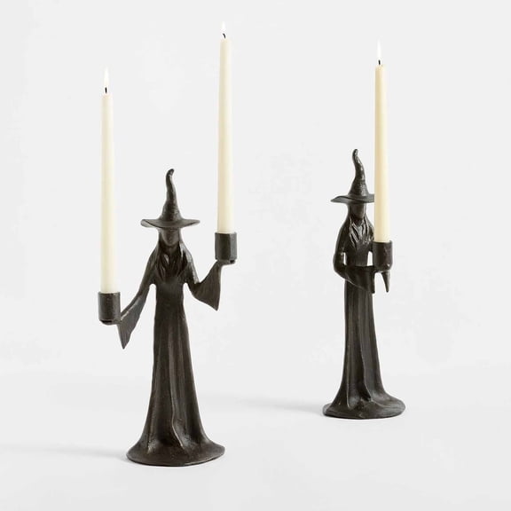 Gothic Witch Figurine with Candlestick, Spooky Halloween Tabletop Decoration for Living Room, Fireplace, Party & Indoor Display, 2 Pcs