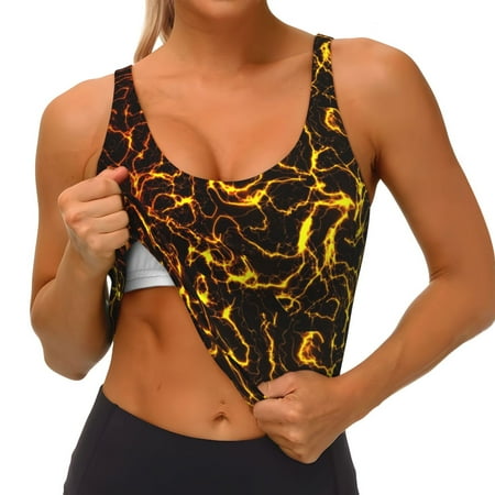 Qokaie Orange Lightning Pattern Womens Scoop Neck Sports Bra Breathable Workout Vest Padded U Back Medium Impact Fitness Gym Yoga Bra Workout Crop Top