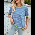 thumbnail image 4 of Womens Tops Casual Summer Crewneck Short Sleeve Striped Color Block Knit High Low Trendy Pullover Sweaters Pink Green L, 4 of 7