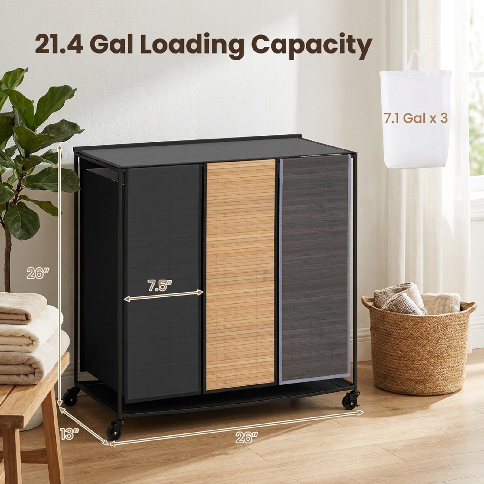 Vebreda 21.4-Gallon 3-Section Laundry Hamper with Lid & 2 Lockable Wheels, Rolling Clothes Hamper & Laundry Sorter with 3 Removable Liner Bags for Bathroom & Laundry Room