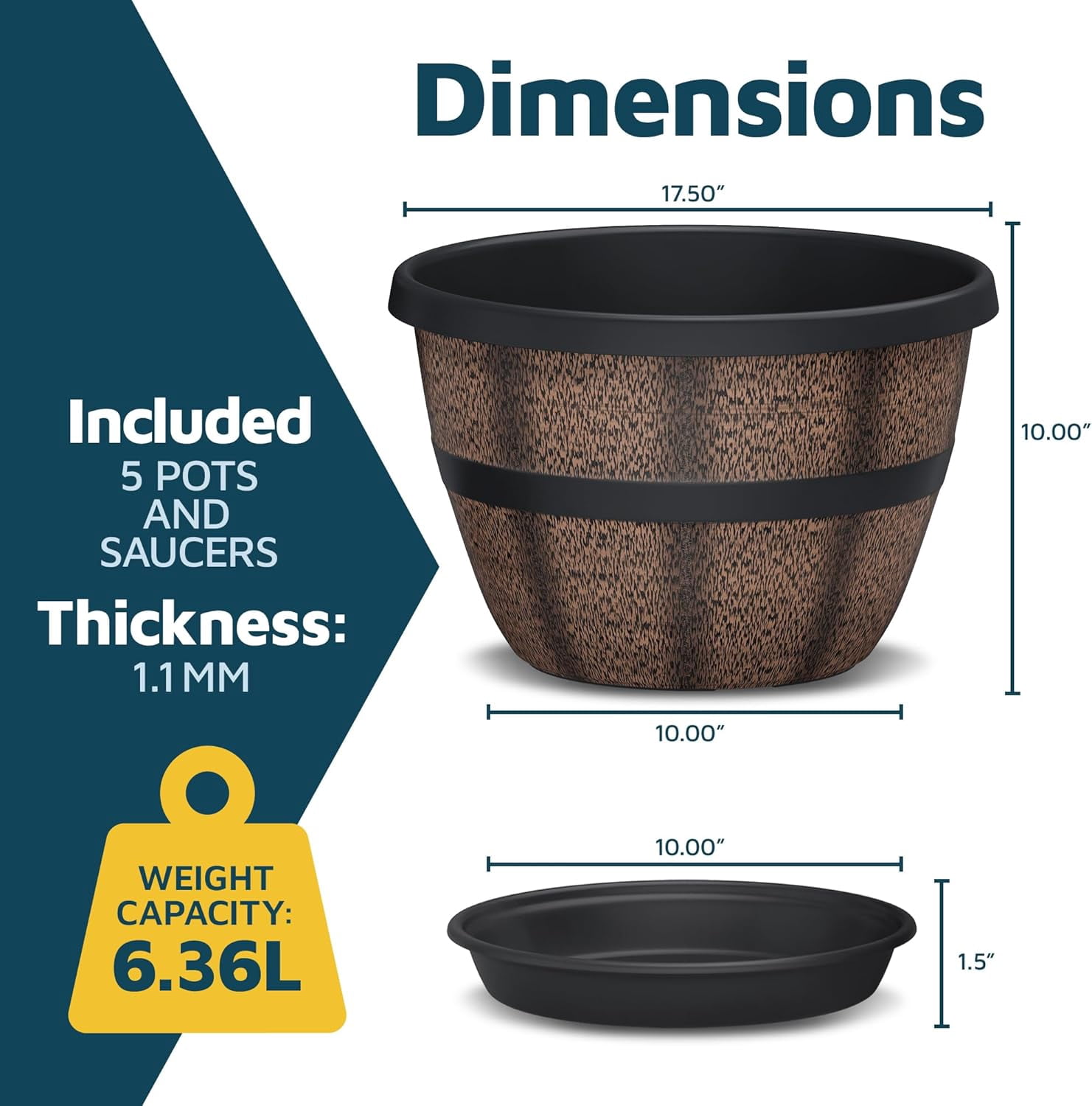 10-Inch Whiskey Barrel Planters Outdoor Pack of 5 - Durable Plastic Plant Pots for Indoor & Outdoor Use with Drainage & Saucer, Lightweight Rustic Barrel Planters for Flowers, Herbs & Small Plants