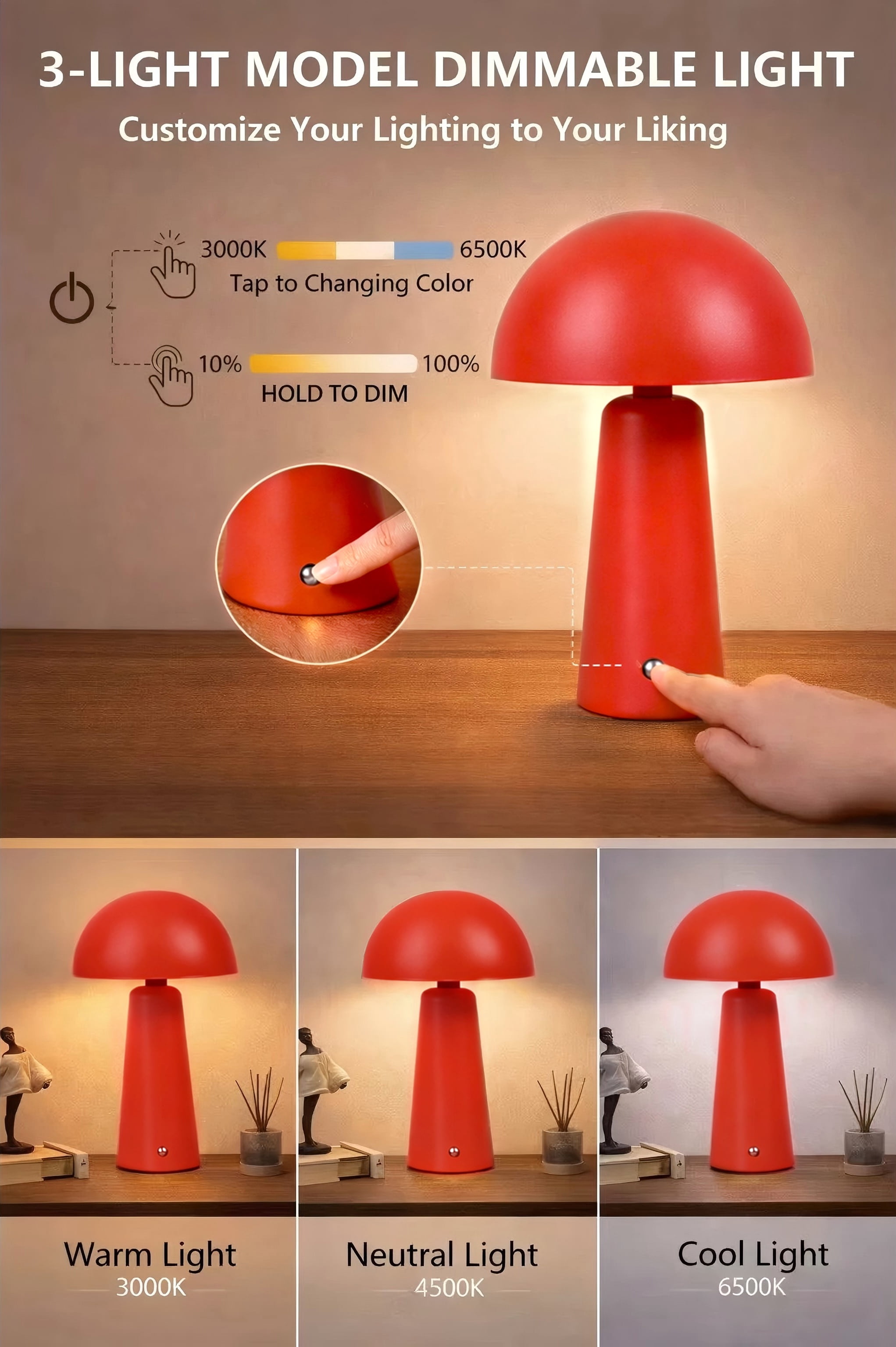 Better Homes & Gardens 9.5" Red Dome Rechargeable LED Portable Lamp with Dimmable Touch Sensor