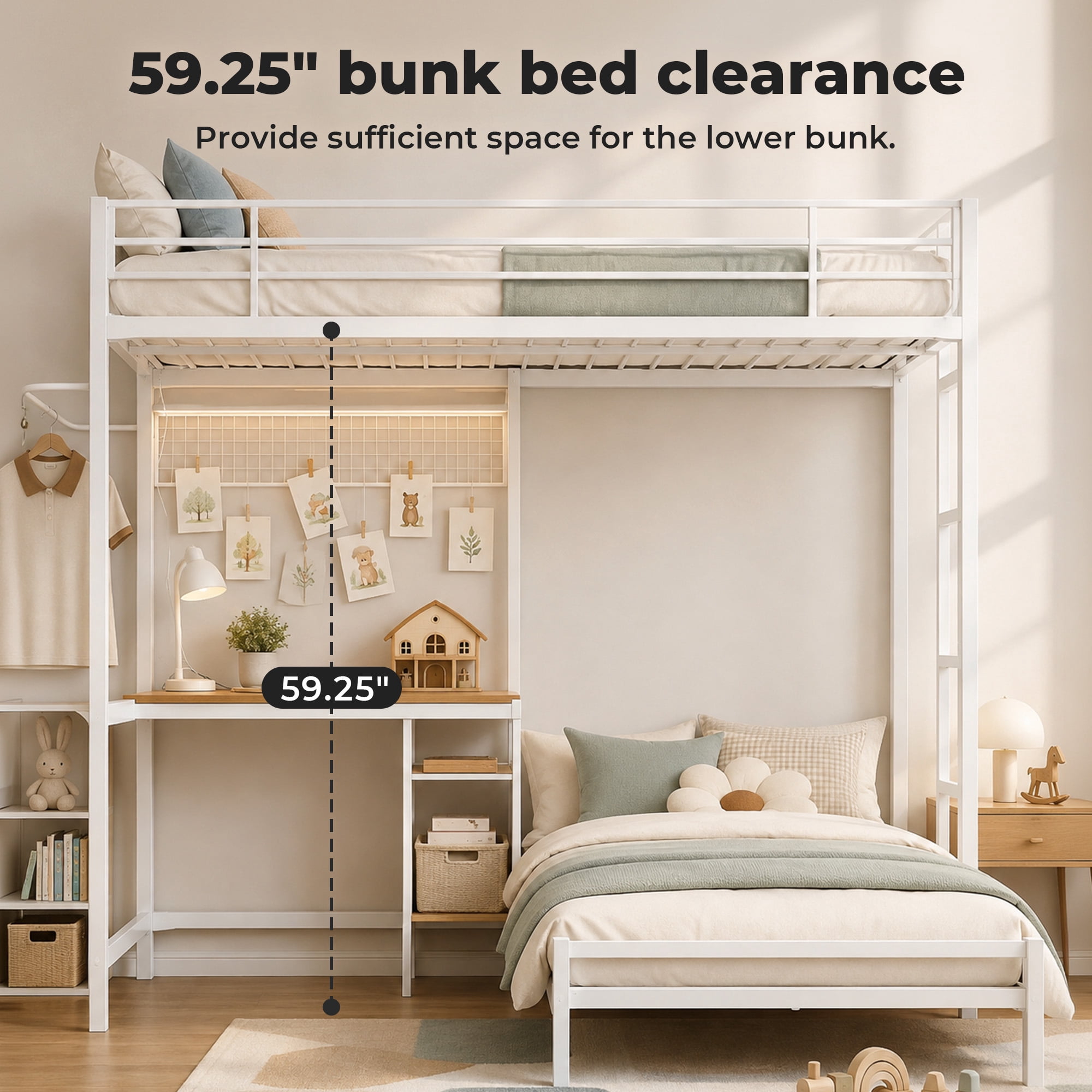 Alvantor Bunk Bed Twin over Twin for Kids, Metal Bunk Bed with Desk White
