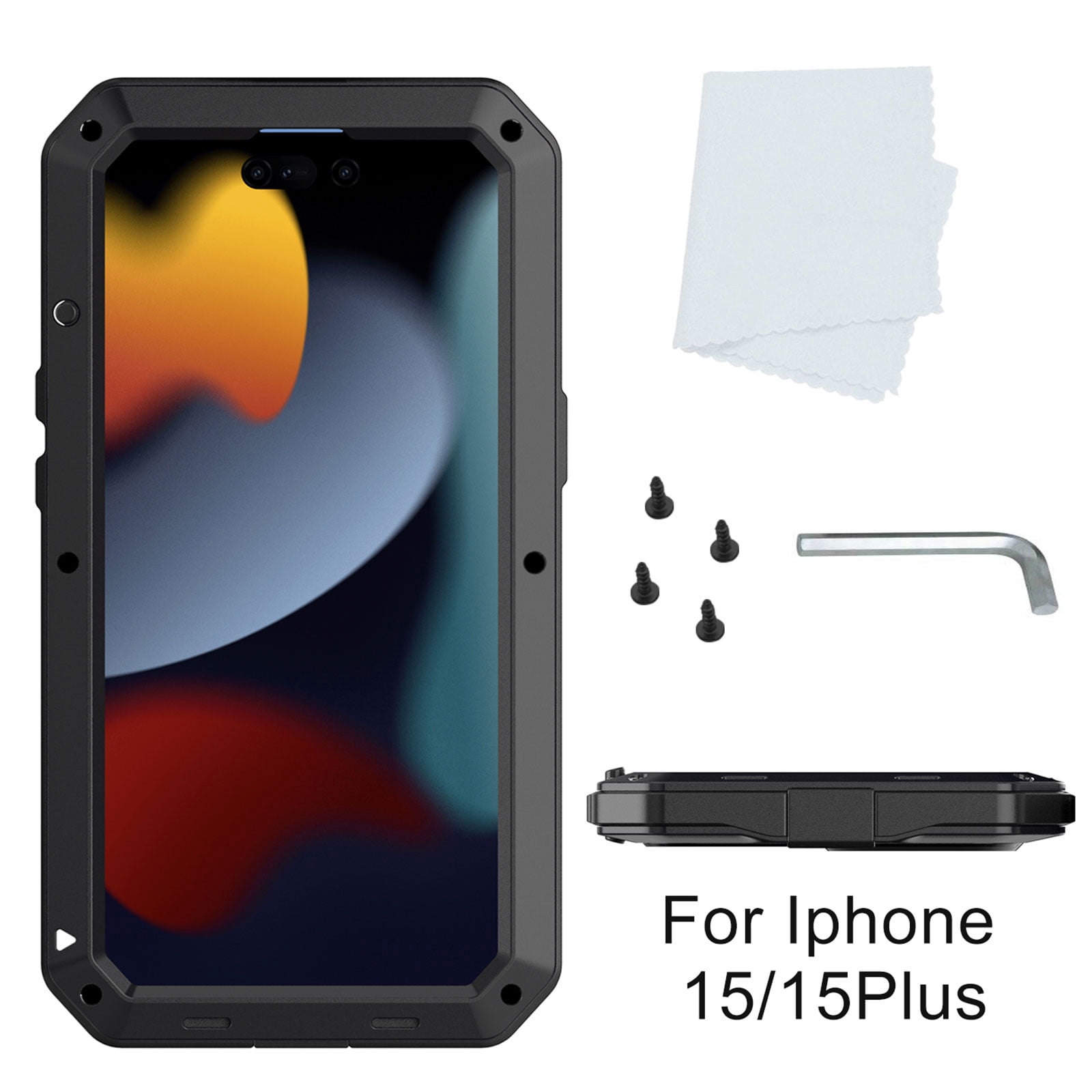 for iPhone 15 Case, 360 Full Body Protective Cover Heavy Duty Shockproof Armor Aluminum Alloy Metal Case with Silicone Built-in Screen Protector for iPhone 15, Black