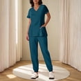 thumbnail image 2 of Ecqkame Womens Two Piece Sets V-Neck Top and Tapered Leg Jogger Pants with Button Medical Nursing Uniforms Set Navy L, 2 of 6