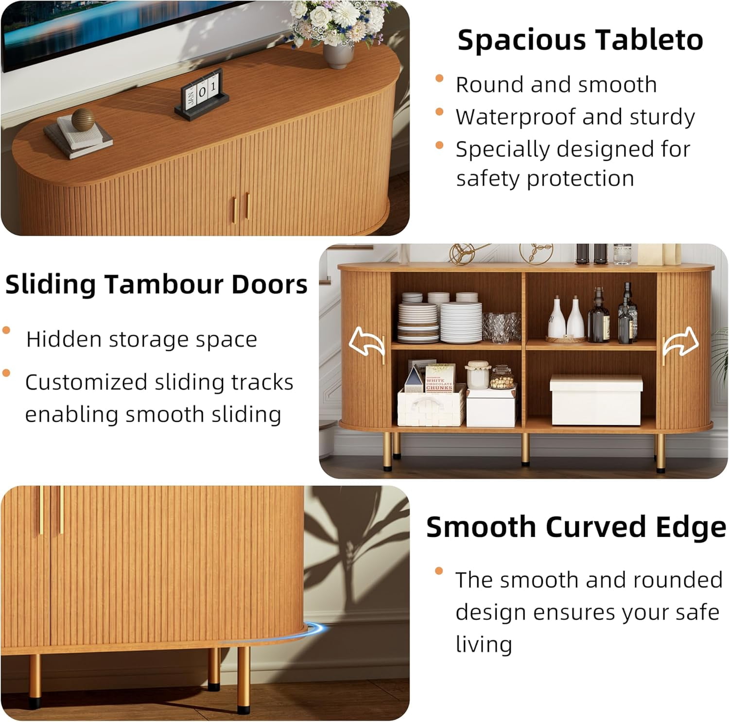 TiramisuBest Sideboard Buffet Cabinet with Storage, 55" Storage Cabinet with Fluted Tambour Sliding Doors & Adjustable Shelf for Entryway, Kitchen, Home Bar (Yellow Walnut)