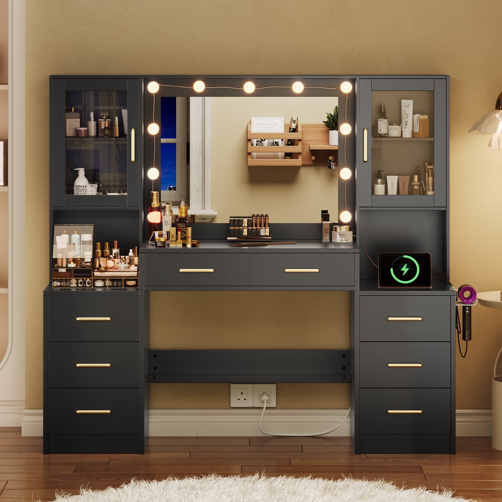 UGTOO 58" Black Vanity Desk with 8 Drawers & 2 Cabinets, Large Bedroom Dressing Table with LED Lighted Mirror & Power Strip, Modern Home Office Makeup Station, High-Capacity Storage Furniture