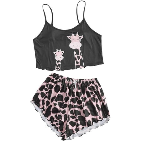

ZWUYIYHJ Women s Cute Cartoon Print Lettuce Trim Cami Top and Shorts Cute Pajama Set Sleepwear