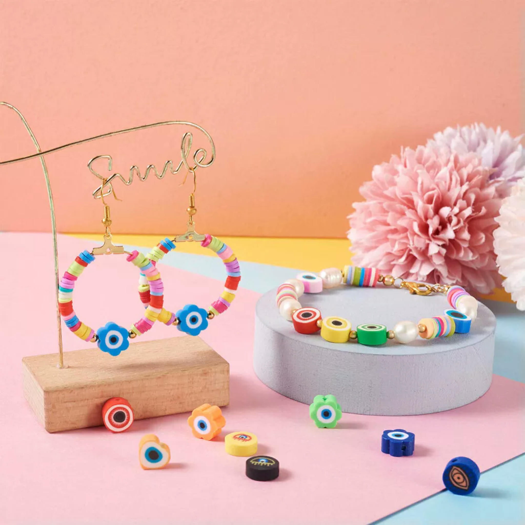 U8MO 250Pcs Flat Round Flower Heart with Evil Eye Handmade Polymer Clay Beads 8~10mm