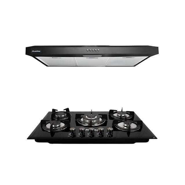 Combo Maxims Parrilla de Gas 5 Quemadores y Campana 80 cm – Vidrio Templado Negro, Hierro Fundido, Extracción 200 m³/h – Diseño Moderno y Compacto