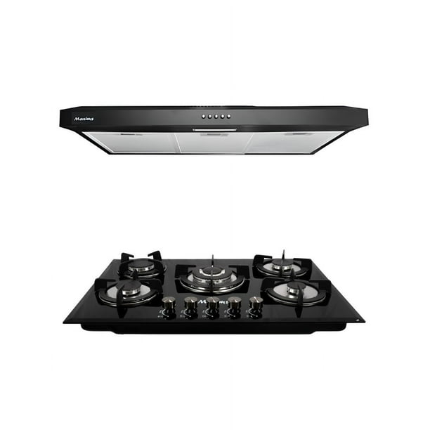 Combo Maxims Parrilla de Gas 5 Quemadores y Campana 80 cm – Vidrio Templado Negro, Hierro Fundido, Extracción 200 m³/h – Diseño Moderno y Compacto