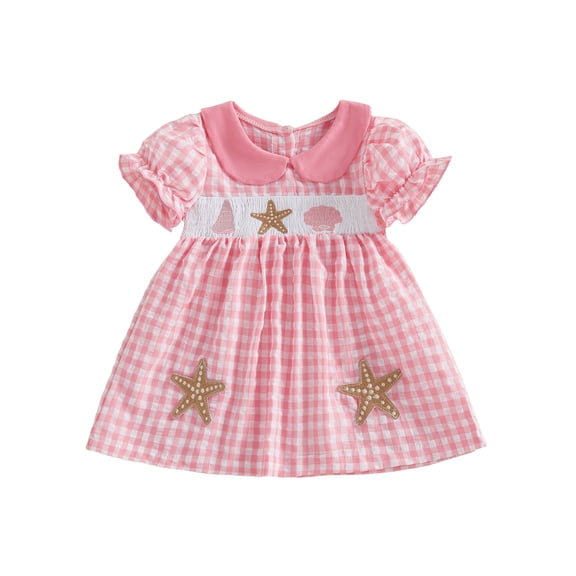 BemeyourBBs Toddler Baby Girl Summer Starfish Dress Plaid Gingham Short Sleeve Doll Collar Seashell Embroidery A-Line Dress Toddler Girls Casual Dress