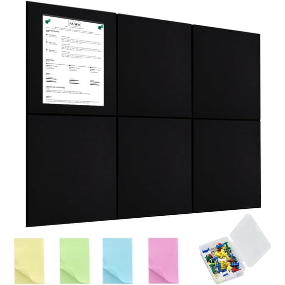 6 Pcs Square Bulletin Board with 50 Pushpins & Sticky Note Adhesive Cork Board for Wall，Felt Pin Board for School，Office Decor（Black）