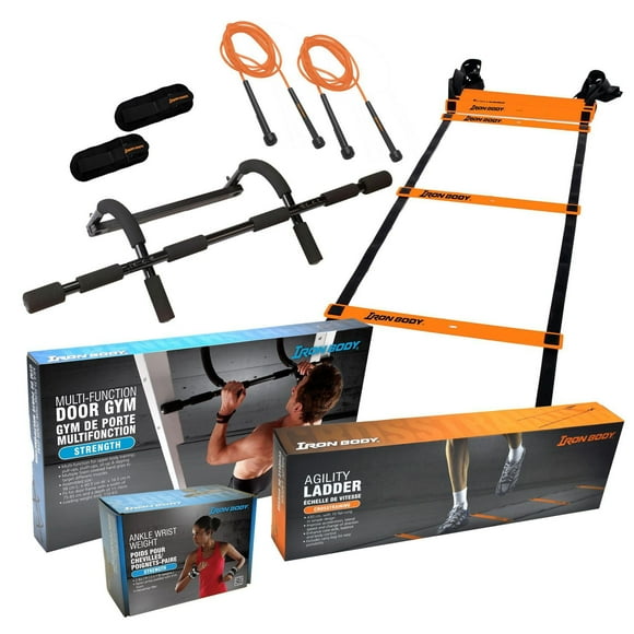IBF Iron Body Fitness H.I.I.T. Kit for High-Intensity Interval Training - Five-piece Set with Door-mounted Pull-up Bar, Ankle/Wrist Weights, Speed Ladder & Skipping Ropes - Ideal for Sports Training -