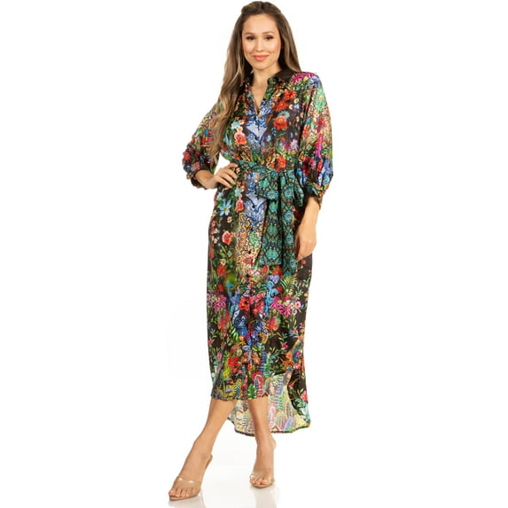 Sakkas Rina Women's Maxi Long Flounce Shirt Dress Floral Print Long Sleeves Button - 603-Black - S/M