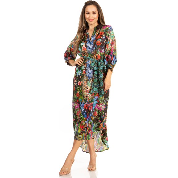 Sakkas Rina Women's Maxi Long Flounce Shirt Dress Floral Print Long Sleeves Button - 603-Black - S/M