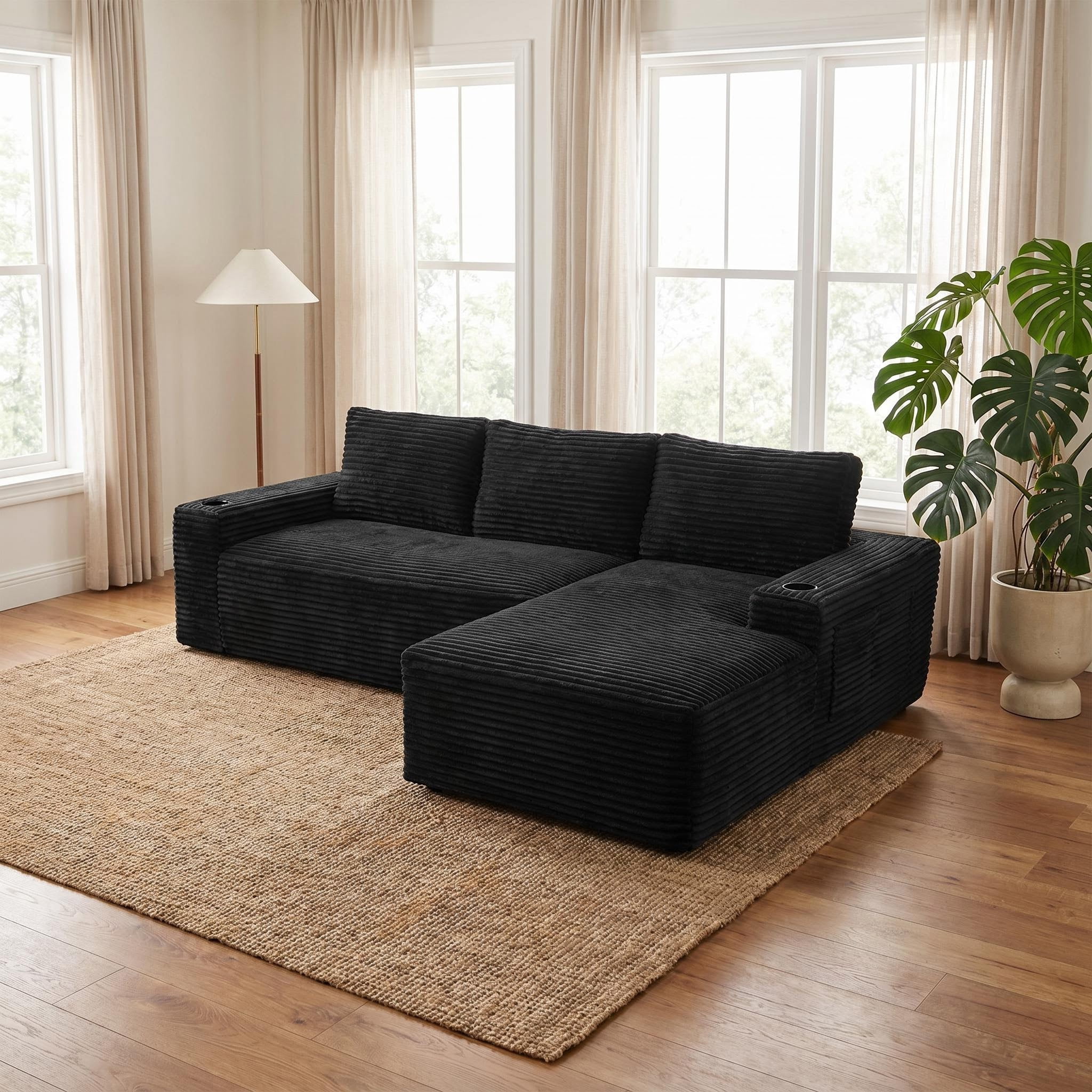 AISWORD 104.3" L-Shaped Modular Sectional Sofa, Corduroy 4-Seater Cloud Couch with Cup Holders & Side Pockets, Boneless Upholstered Sofa, No Assembly, Black, Right-Facing Chaise