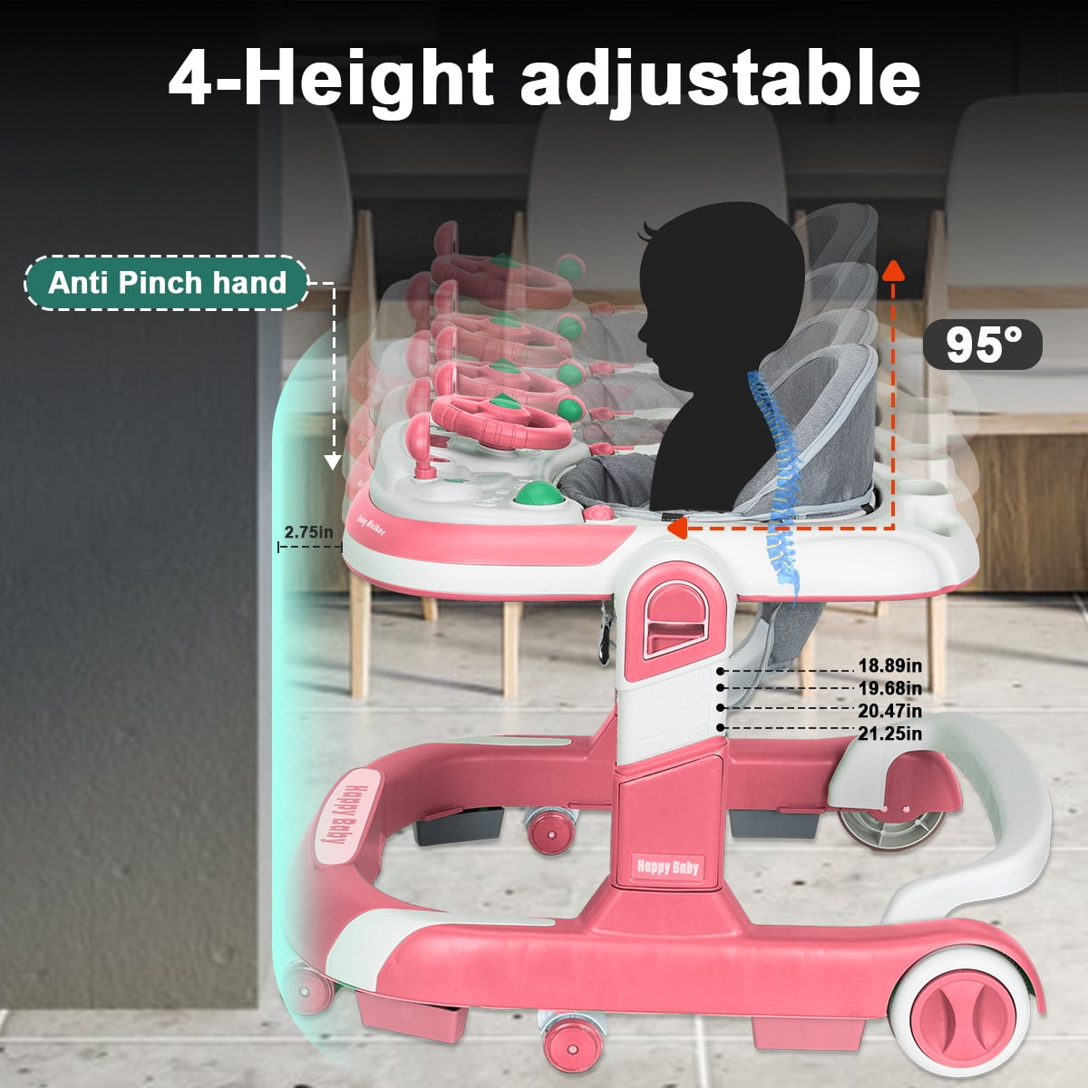 HAOUUCYIN 5-in-1 Baby Walker with Foot Pads/Handles for Girls Boys, Pink