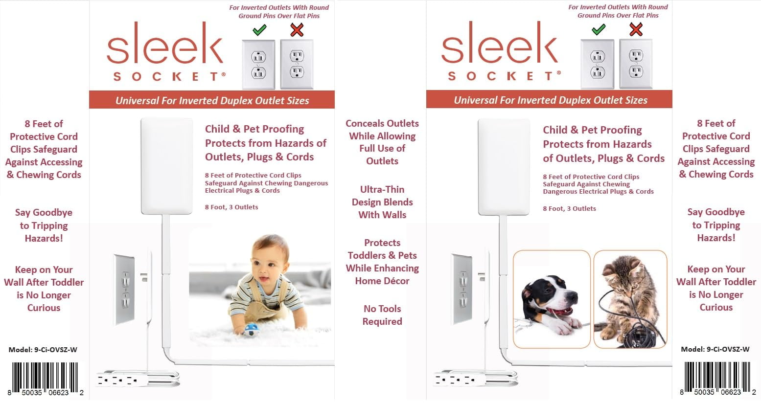 Sleek Socket Child & Pet Protector Inverted Outlet Concealer 8ft Extension Cord with Multiple Outlets