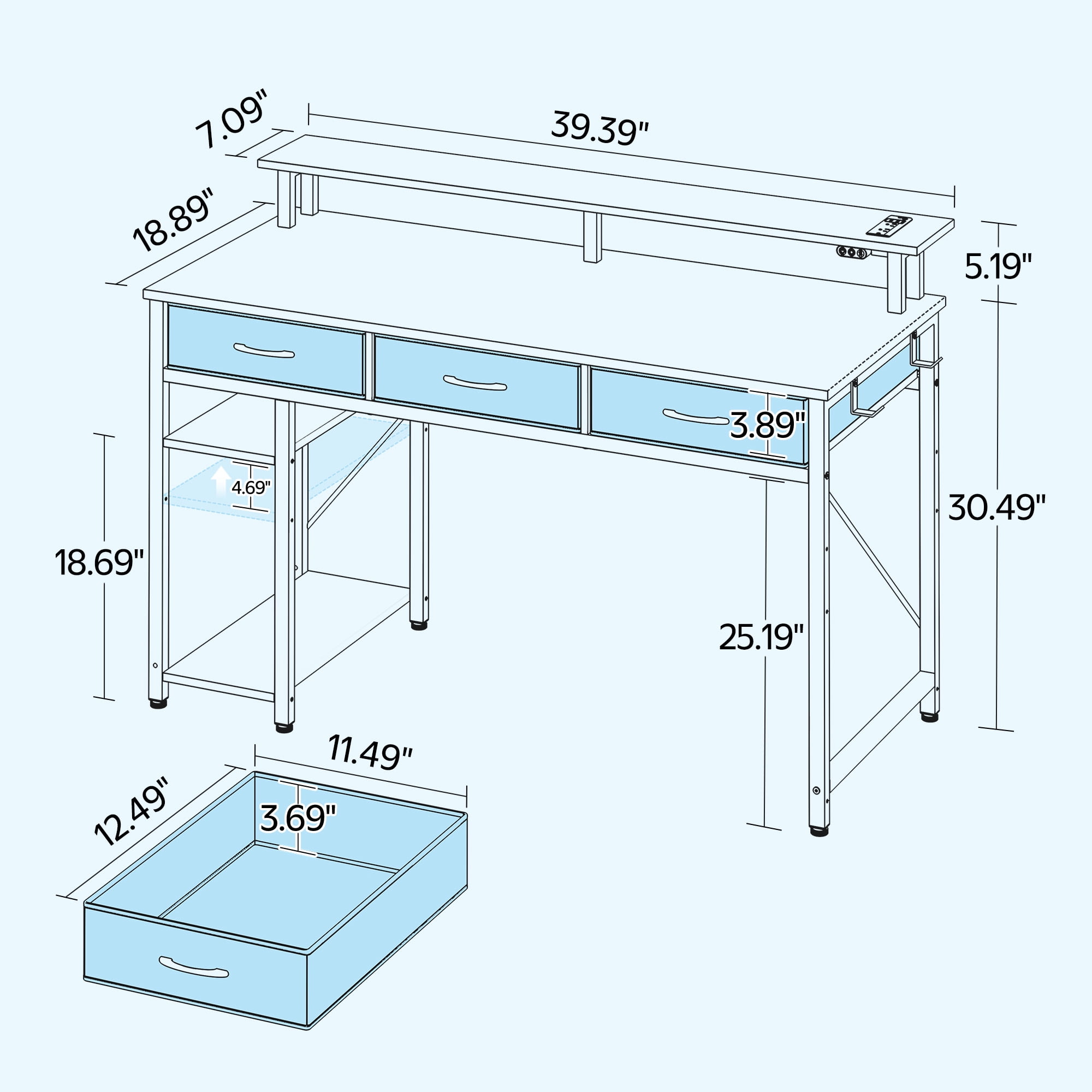 Greenstell 39" Computer Desk with Built-in Outlets & LED, 3-Drawer Office Desk with Monitor Stand, Black