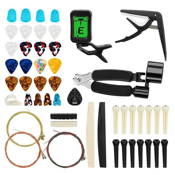 Kit de accesorios para guitarra de 65 piezas con cuerdas, afinador, cejilla, púas, soporte para púas, púas para el pulgar y clavijas de puente.